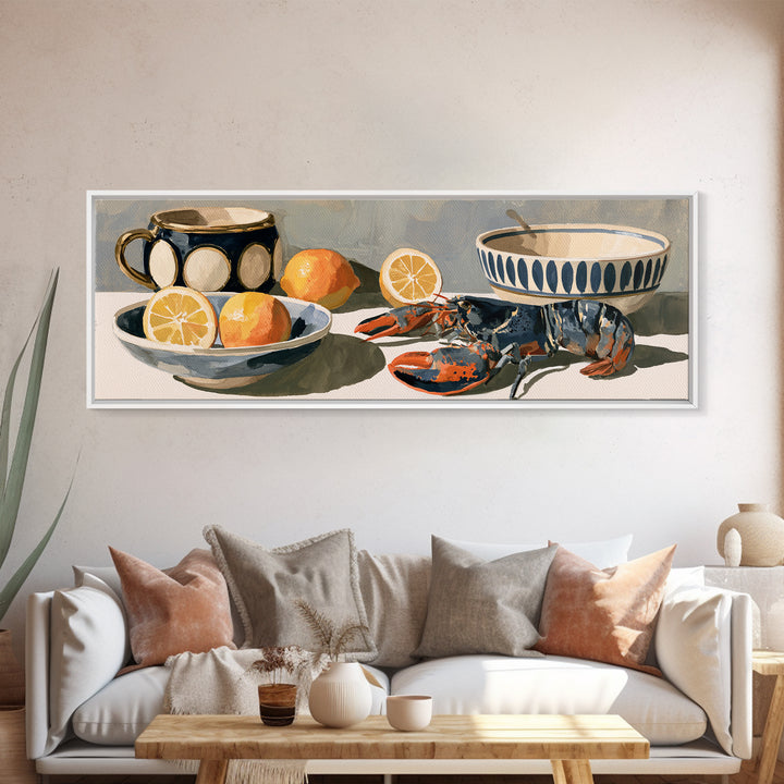 Unexpected Lobster and Lemons Still Life Framed Canvas Print, Eclectic Art, Dopamine Decor, Living Room Decor, Eclectic, ECL-3x1-58