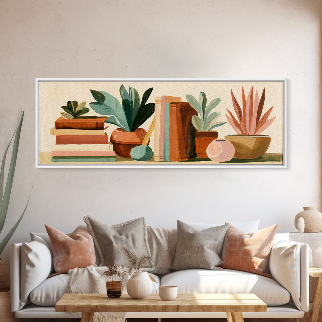 Colorful Book and Plant Still Life Framed Canvas Print, Eclectic Art, Art Prints, Living Room Decor, Fine Art, Eclectic, ECL-3x1-63