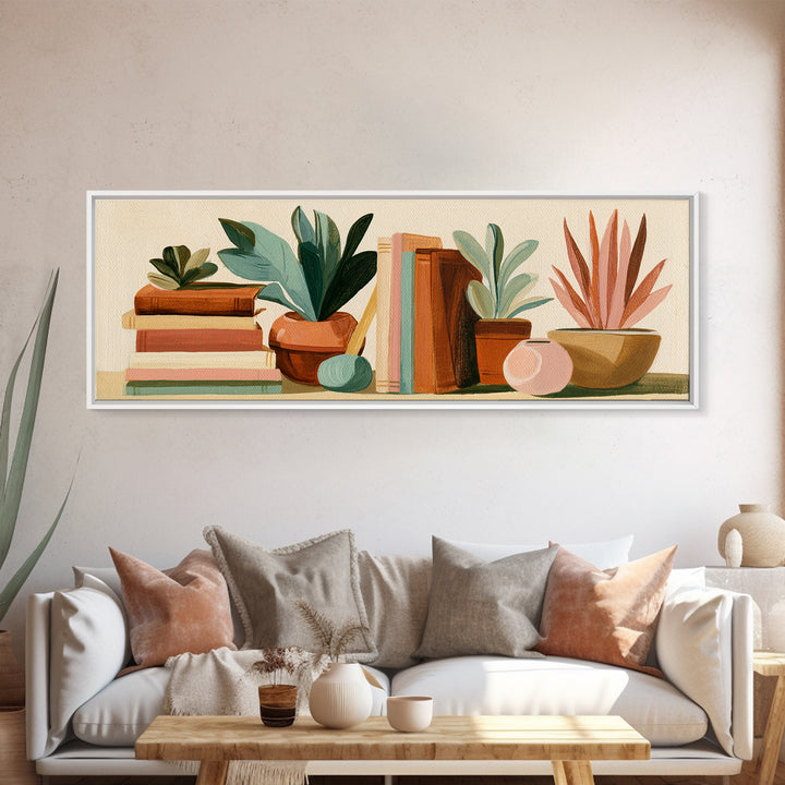 Colorful Book and Plant Still Life Framed Canvas Print, Eclectic Art, Art Prints, Living Room Decor, Fine Art, Eclectic, ECL-3x1-63