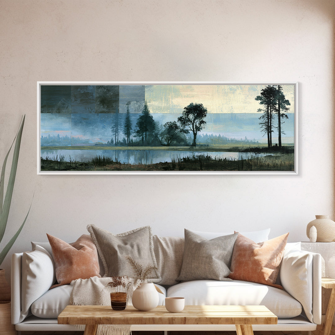 Bohemian Patchwork Landscape Framed Canvas Print, Eclectic Art, Minimalist Decor, Living Room Decor, Fine Art, Eclectic, ECL-3x1-64