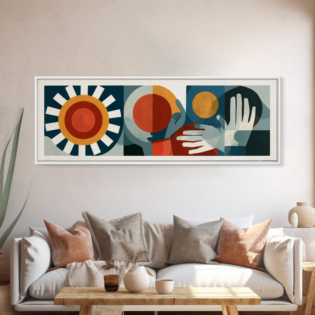 Geometric Sun and Hand Motif Framed Canvas Print, Eclectic Art, Contemporary Art, Living Room Decor, Abstract Art, Eclectic, ECL-3x1-7