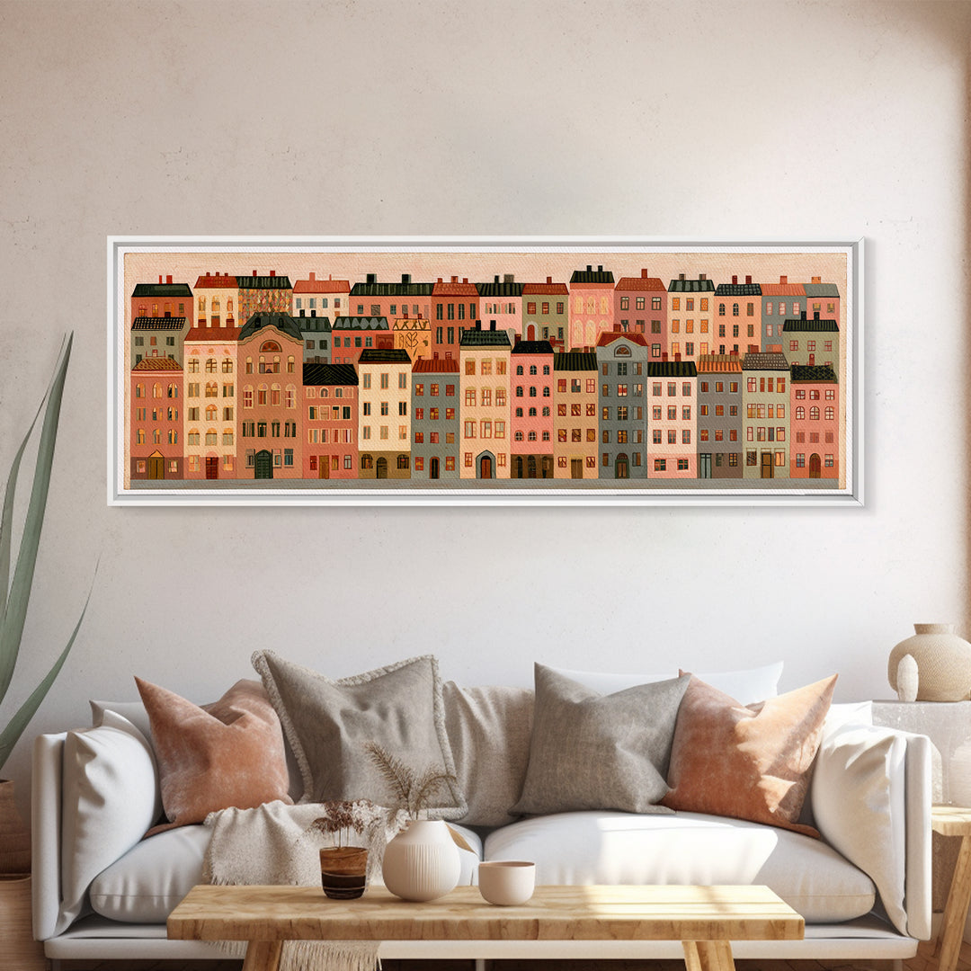 Naive Cityscape with Patterned Windows Canvas Print, Eclectic Art, Art Prints, Living Room Decor, Fine Art, Eclectic, ECL-3x1-76