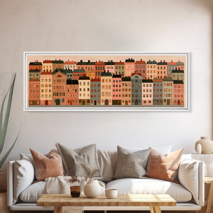 Naive Cityscape with Patterned Windows Canvas Print, Eclectic Art, Art Prints, Living Room Decor, Fine Art, Eclectic, ECL-3x1-76
