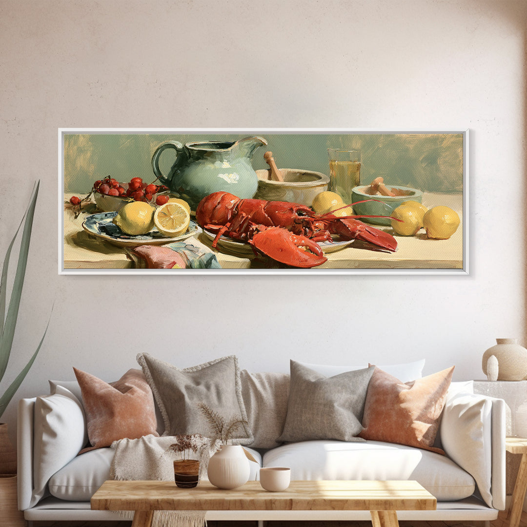 Unexpected Lobster and Lemons Still Life Framed Canvas Print, Eclectic Art, Dopamine Decor, Living Room Decor, Eclectic, ECL-3x1-82