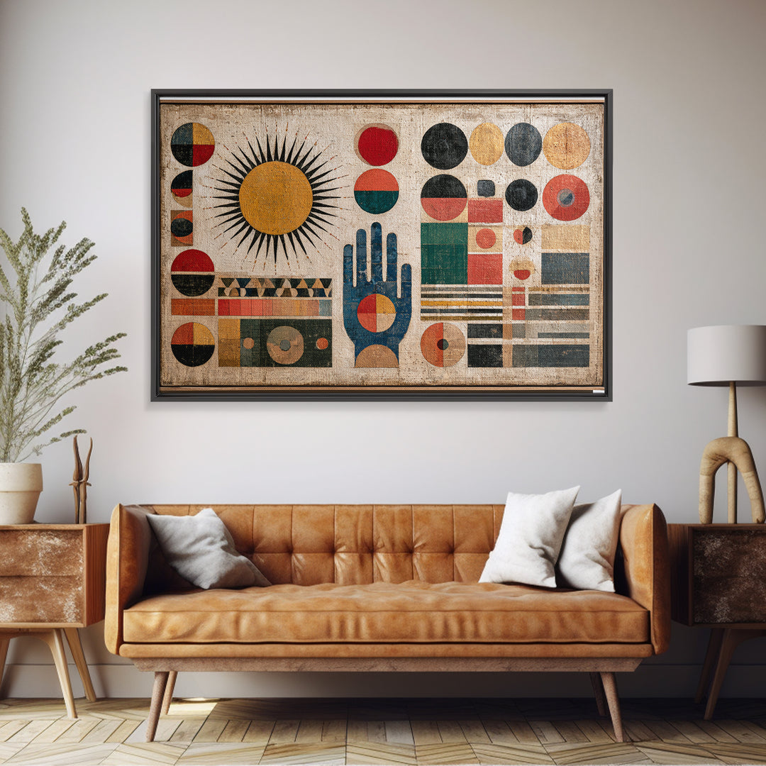Geometric Sun and Hand Motif Framed Canvas Print, Eclectic Art, Boho, Living Room Decor, Abstract Art, Eclectic, ECL-3x2-19