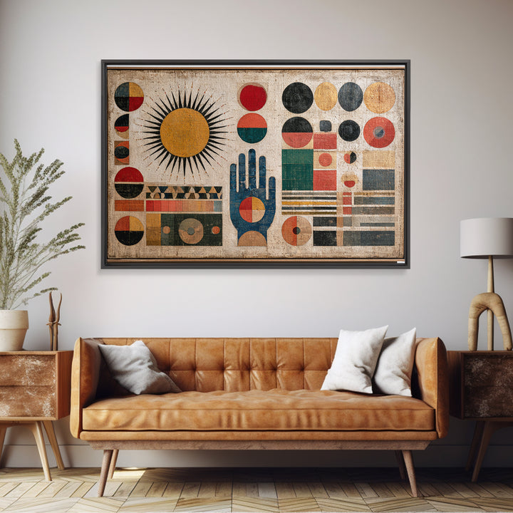 Geometric Sun and Hand Motif Framed Canvas Print, Eclectic Art, Boho, Living Room Decor, Abstract Art, Eclectic, ECL-3x2-19