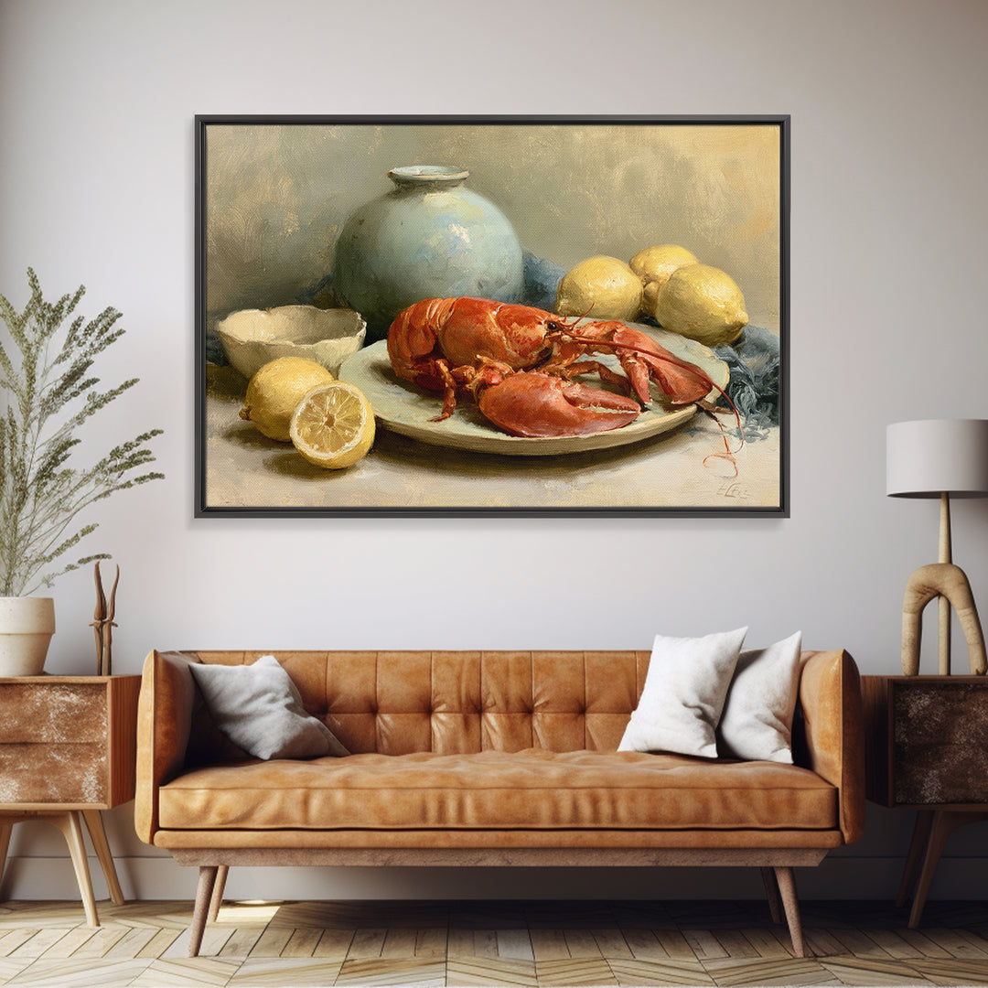Unexpected Lobster and Lemons Still Life Canvas Print, Eclectic Art, Boho Wall Art, Living Room Decor, Oil Painting, Eclectic, ECL-3x2-22