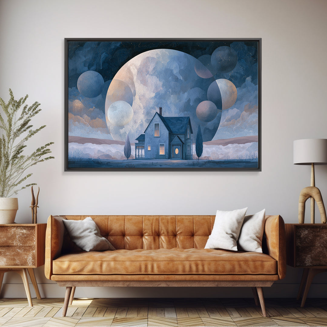 Folk Art House Framed Canvas Print, Eclectic Art, Portrait, Living Room Decor, Fine Art, Eclectic, Modern Decor, Fine Art Print, ECL-3x2-35