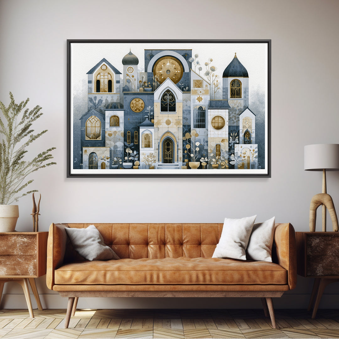 Naive Cityscape with Patterned Windows Framed Canvas Print, Eclectic Art, Art Prints, Living Room Decor, Oil Painting, Eclectic, ECL-3x2-40