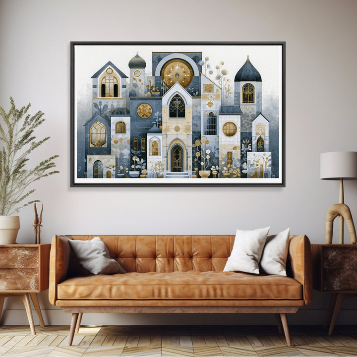 Naive Cityscape with Patterned Windows Framed Canvas Print, Eclectic Art, Art Prints, Living Room Decor, Oil Painting, Eclectic, ECL-3x2-40