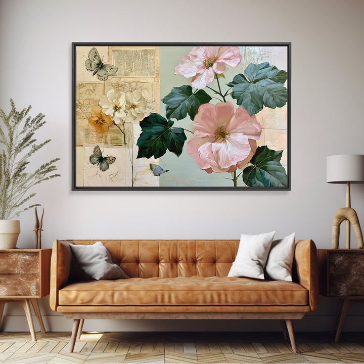 Botanical Collage with Butterflies and Old Paper Framed Canvas Print, Eclectic Art, Wall Decor, Living Room Decor, Eclectic, ECL-3x2-41