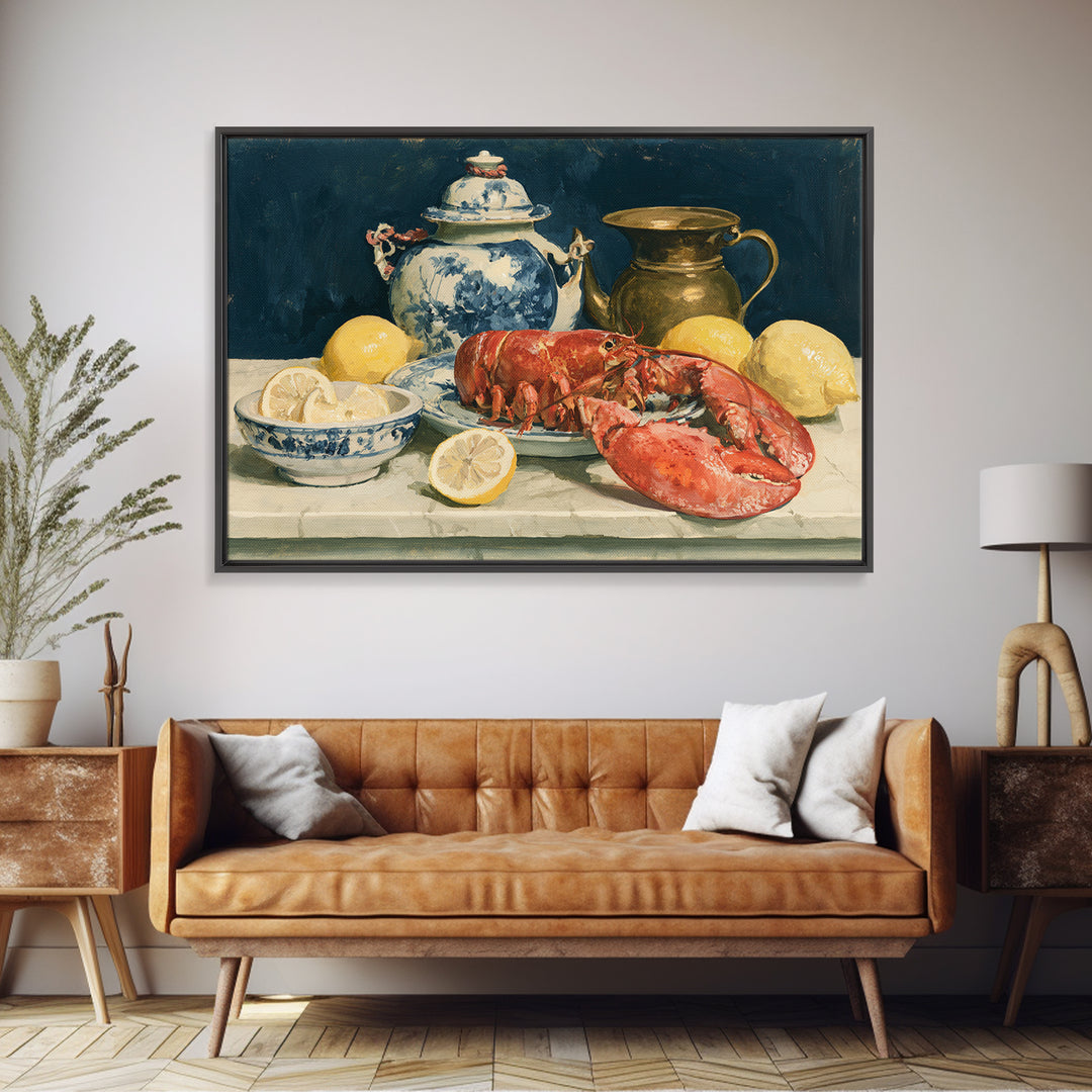 Unexpected Lobster and Lemons Still Life Framed Canvas Print, Eclectic Art, Neutral Decor, Living Room Decor, Eclectic, ECL-3x2-46