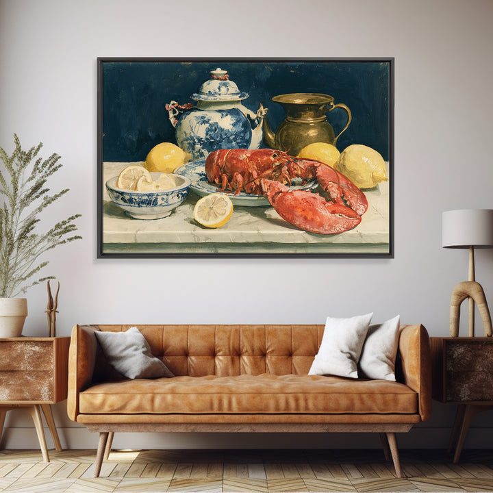 Unexpected Lobster and Lemons Still Life Framed Canvas Print, Eclectic Art, Neutral Decor, Living Room Decor, Eclectic, ECL-3x2-46