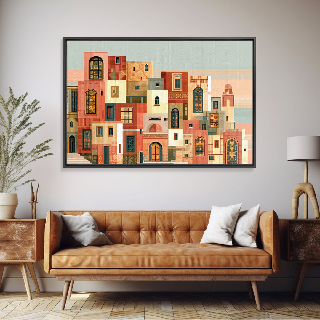 Naive Cityscape with Patterned Windows Framed Canvas Print, Eclectic Art, Original Art, Living Room Decor, Abstract Art, ECL-3x2-64