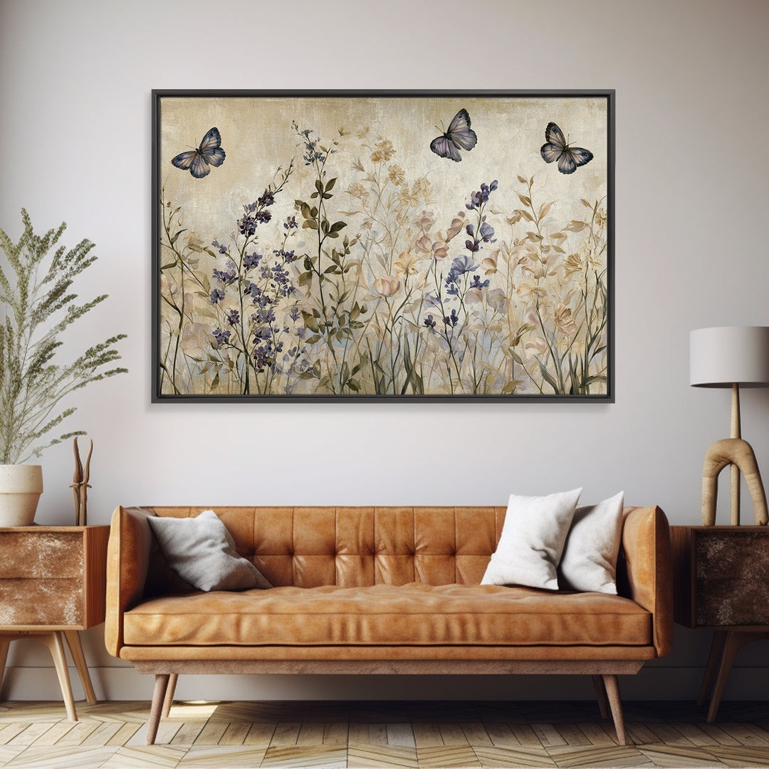 Botanical Collage with Butterflies and Old Paper Framed Canvas Print, Eclectic Art, Wall Decor, Living Room Decor, Eclectic, ECL-3x2-65