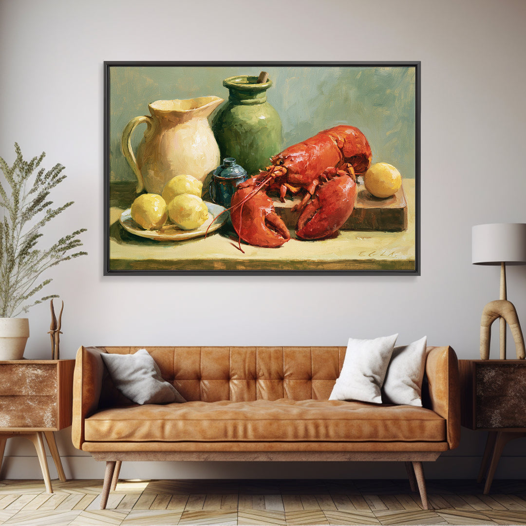 Unexpected Lobster and Lemons Still Life Framed Canvas Print, Eclectic Art, Neutral Decor, Living Room Decor, Eclectic, ECL-3x2-70