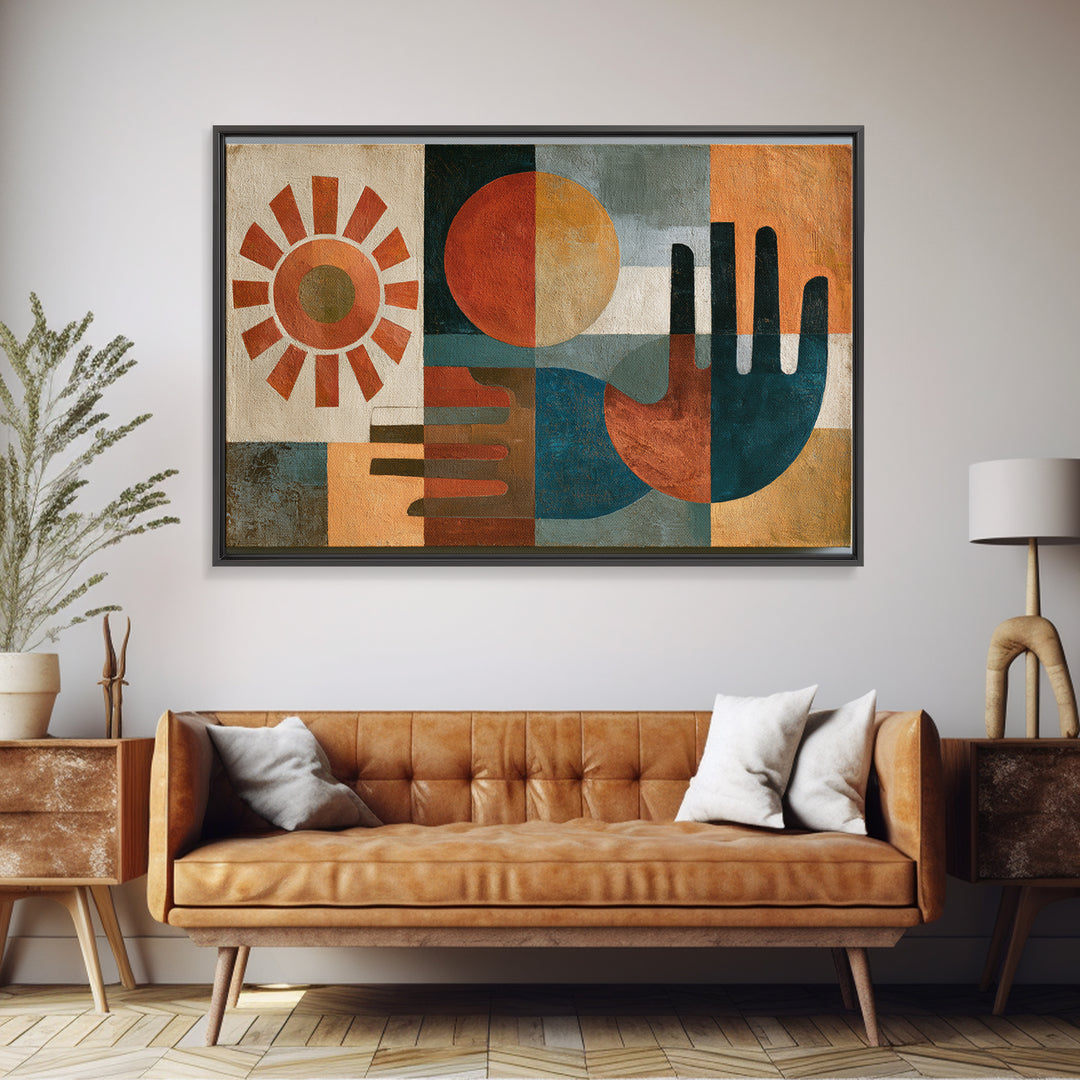 Geometric Sun and Hand Motif Framed Canvas Print, Eclectic Art, Minimalist Decor, Living Room Decor, Abstract Art, Eclectic, ECL-3x2-91