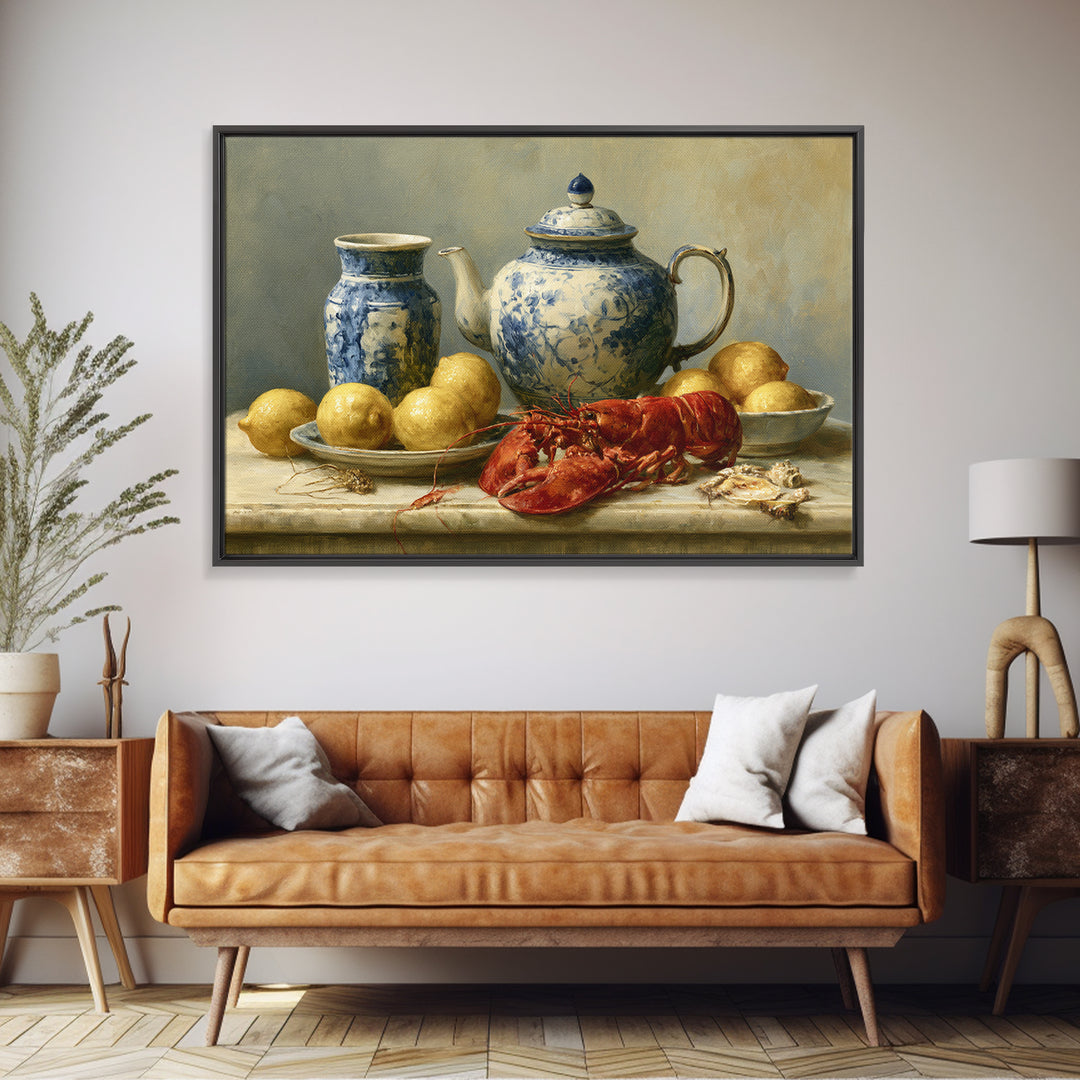Unexpected Lobster and Lemons Still Life Canvas Print, Eclectic Art, Living Room Decor, Abstract Art, Eclectic, ECL-3x2-94