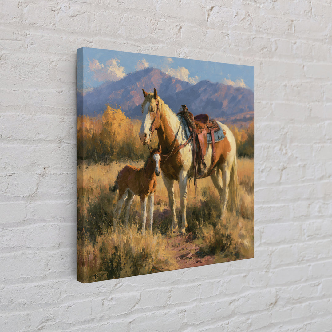 Horse and Foal Framed Canvas Print, Equestrian Art, Wall Decor, Living Room Decor, Oil Painting, Equestrian, Unique Wall Art, EQU-1x1-12