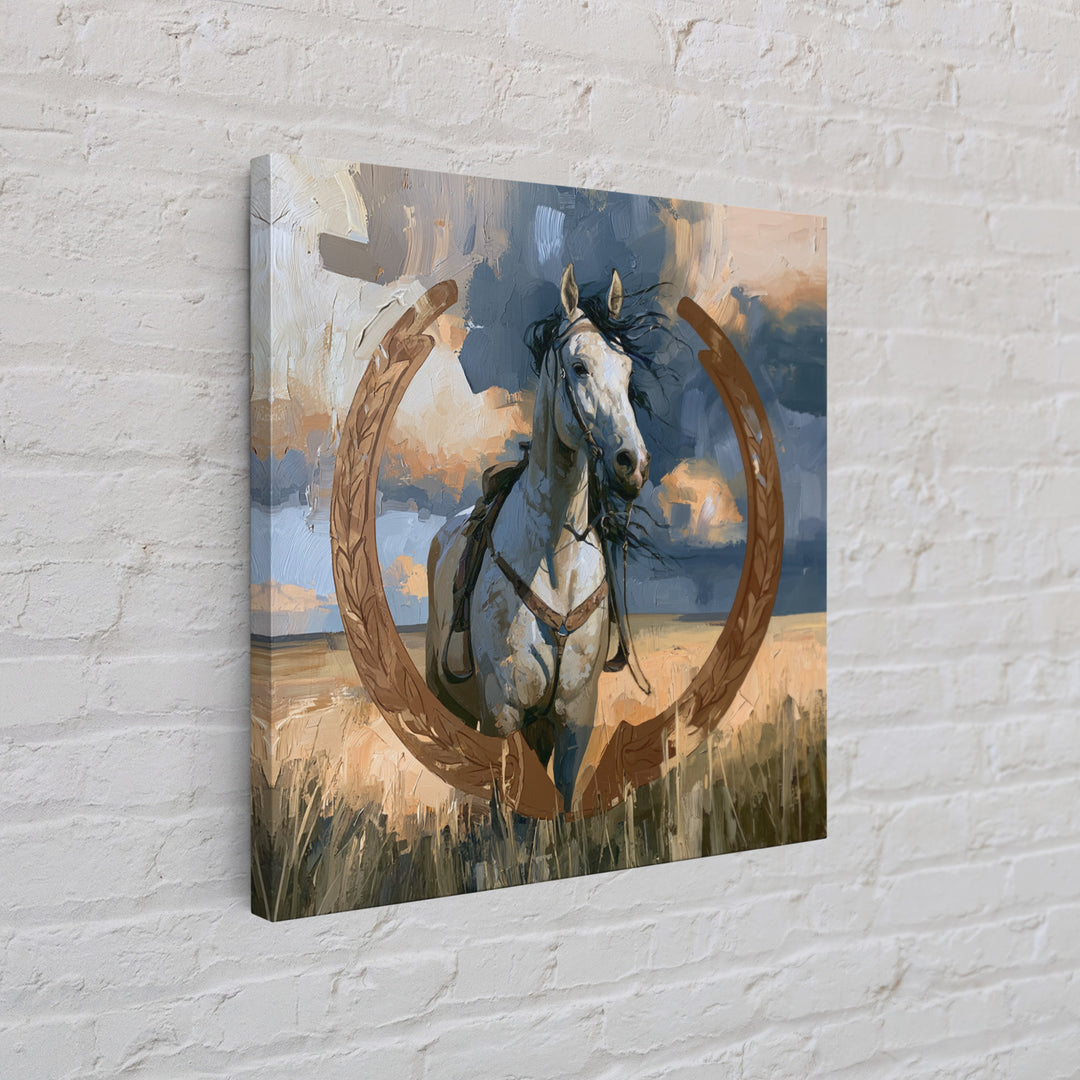 Equestrian Crest with Laurel and Horseshoe Canvas Print, Equestrian Art, Western Decor, Living Room Decor, Oil Painting, EQU-1x1-22