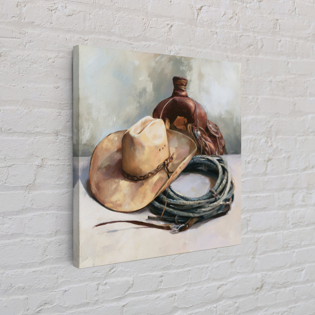Cowgirl Hat and Reins Still Life Canvas Print, Equestrian Art, Western Decor, Living Room Decor, Fine Art, Equestrian, EQU-1x1-35