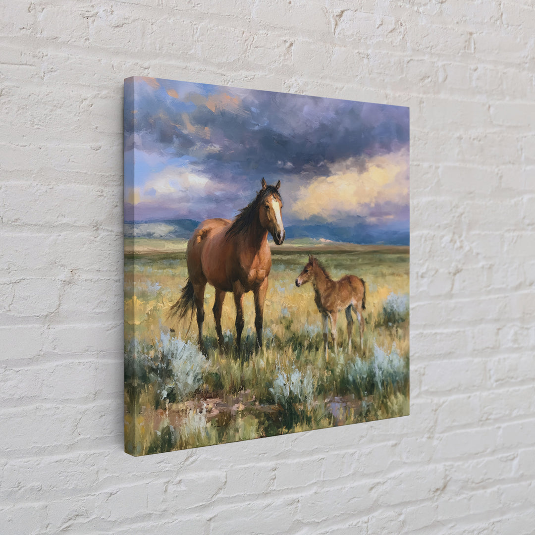 Horse and Foal Canvas Print, Equestrian Art, Digital Print, Living Room Decor, Equestrian, Moody Wall Art, Green Wall Art, EQU-1x1-36
