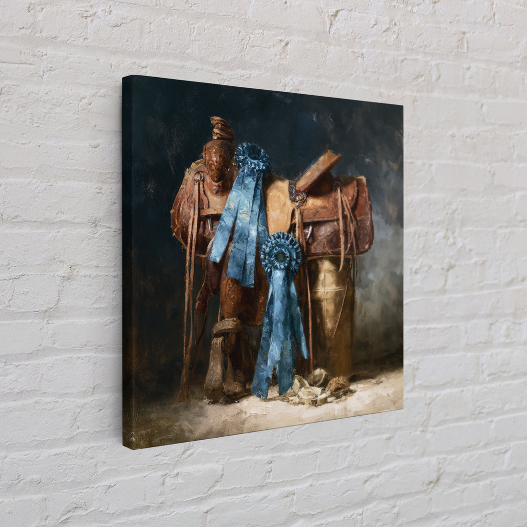 Blue Ribbon and Saddle Competition Still Life Canvas Print, Equestrian Art, Gallery Decor, Living Room Decor, Equestrian, EQU-1x1-41