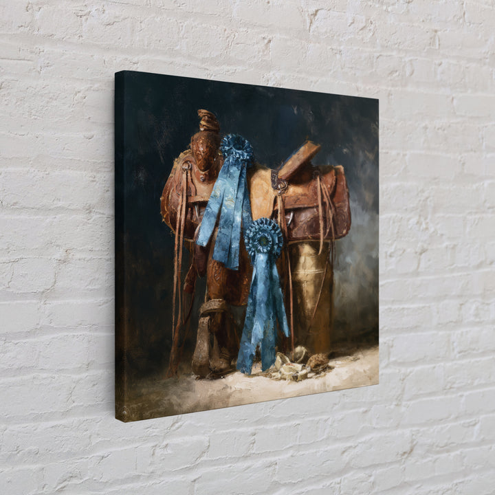 Blue Ribbon and Saddle Competition Still Life Canvas Print, Equestrian Art, Gallery Decor, Living Room Decor, Equestrian, EQU-1x1-41