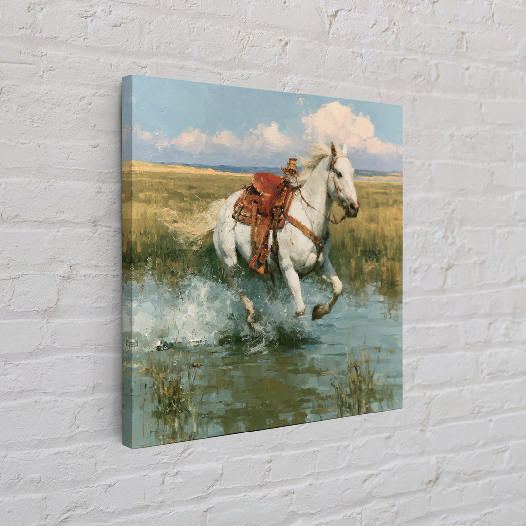 White Horse Running Through Shallow Water Canvas Print, Equestrian Art, Retro Poster, Living Room Decor, Fine Art, Equestrian, EQU-1x1-5