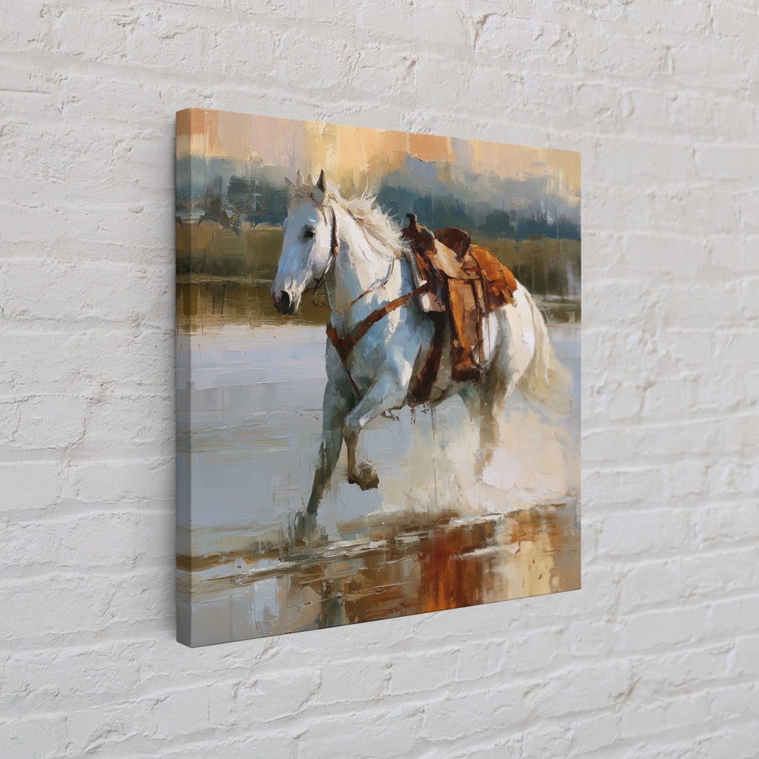 White Horse Running Through Shallow Water Framed Canvas Print, Equestrian Art, Fine Art Print, Living Room Decor, Equestrian, EQU-1x1-53