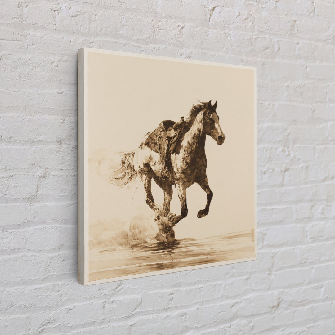 Minimal Horse Contour Drawing on Cream Paper Canvas Print, Equestrian Art, Antique Oil Painting, Living Room Decor, Equestrian, EQU-1x1-61
