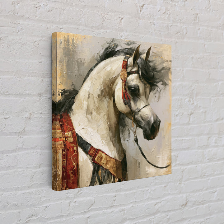 Arabian Horse with Ornate Tack and Silk Canvas Print, Equestrian Art, Antique Oil Painting, Living Room Decor, Equestrian, EQU-1x1-63