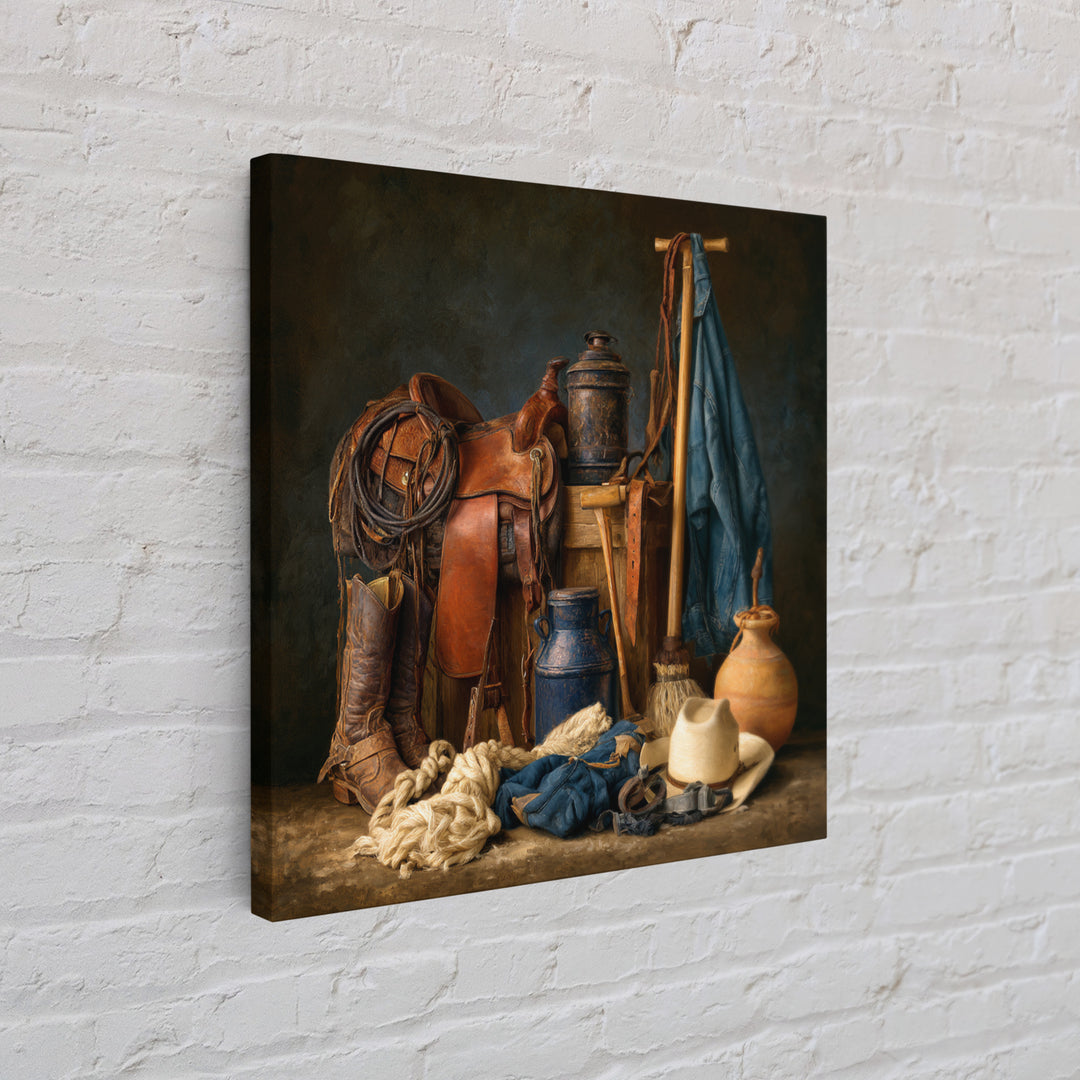 Stable Tools Arranged Like Old Master Still Framed Canvas Print, Equestrian Art, Gallery Wall, Living Room Decor, Equestrian, EQU-1x1-71