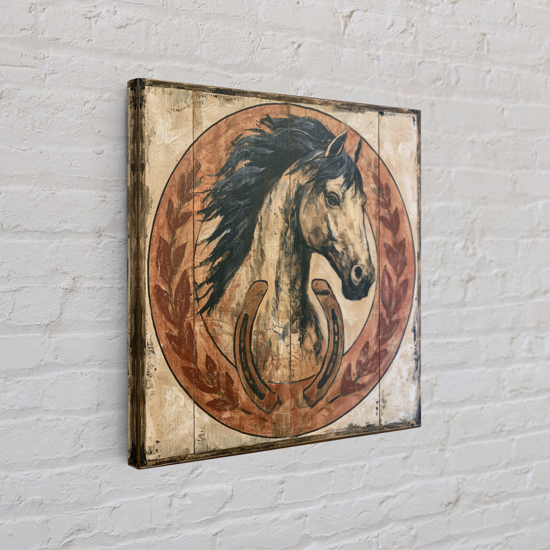 Equestrian Crest with Laurel and Horseshoe Canvas Print, Equestrian Art, Western Art, Living Room Decor, Fine Art, Equestrian, EQU-1x1-94