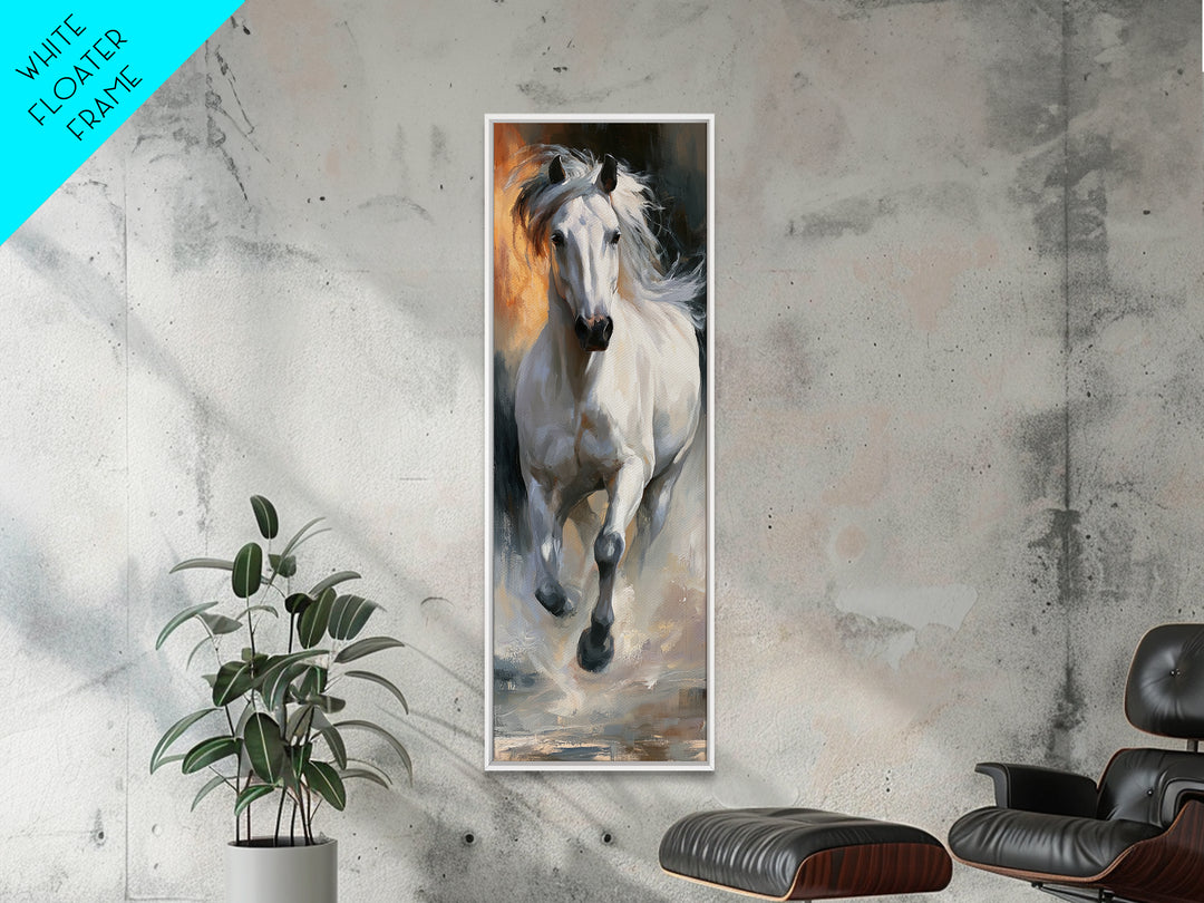 White Horse Running Through Shallow Water Canvas Print, Equestrian Art, Room Decor, Living Room Decor, Fine Art, Equestrian, EQU-1x3-17