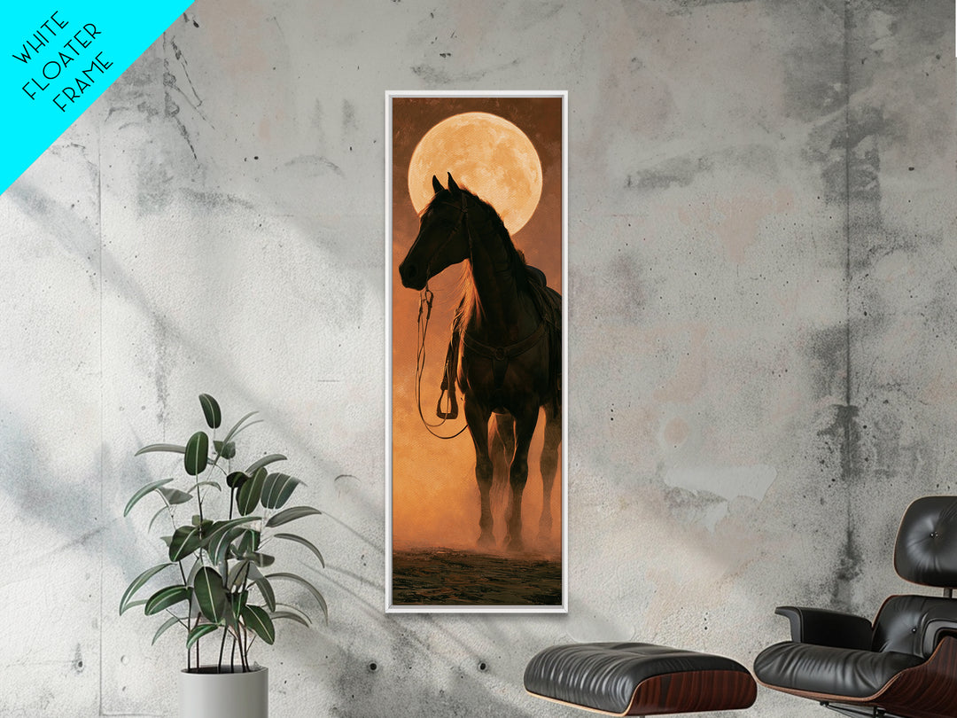 Horse Silhouette under a Huge Western Moon Framed Canvas Print, Equestrian Art, Home Decor, Living Room Decor, Equestrian, EQU-1x3-52