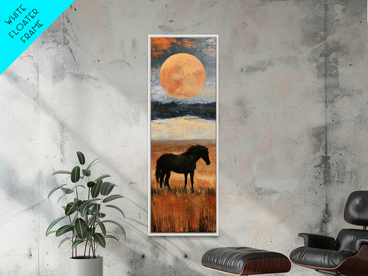 Horse Silhouette under a Huge Western Moon Framed Canvas Print, Equestrian Art, Living Room Decor, Oil Painting, Equestrian, EQU-1x3-76