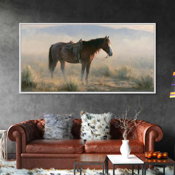 Horse in Misty Pasture with Peaceful Mood Canvas Print, Equestrian Art, Statement Artwork, Living Room Decor, Equestrian, EQU-2x1-20