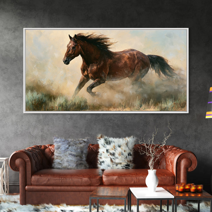 Galloping Horse in Golden Dust and Sunlight Canvas Print, Equestrian Art, Wall Art, Living Room Decor, Oil Painting, Equestrian, EQU-2x1-21