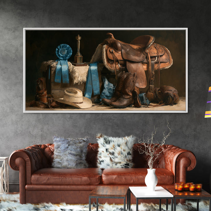 Blue Ribbon and Saddle Competition Still Life Canvas Print, Equestrian Art, Minimalist Decor, Living Room Decor, Equestrian, EQU-2x1-37