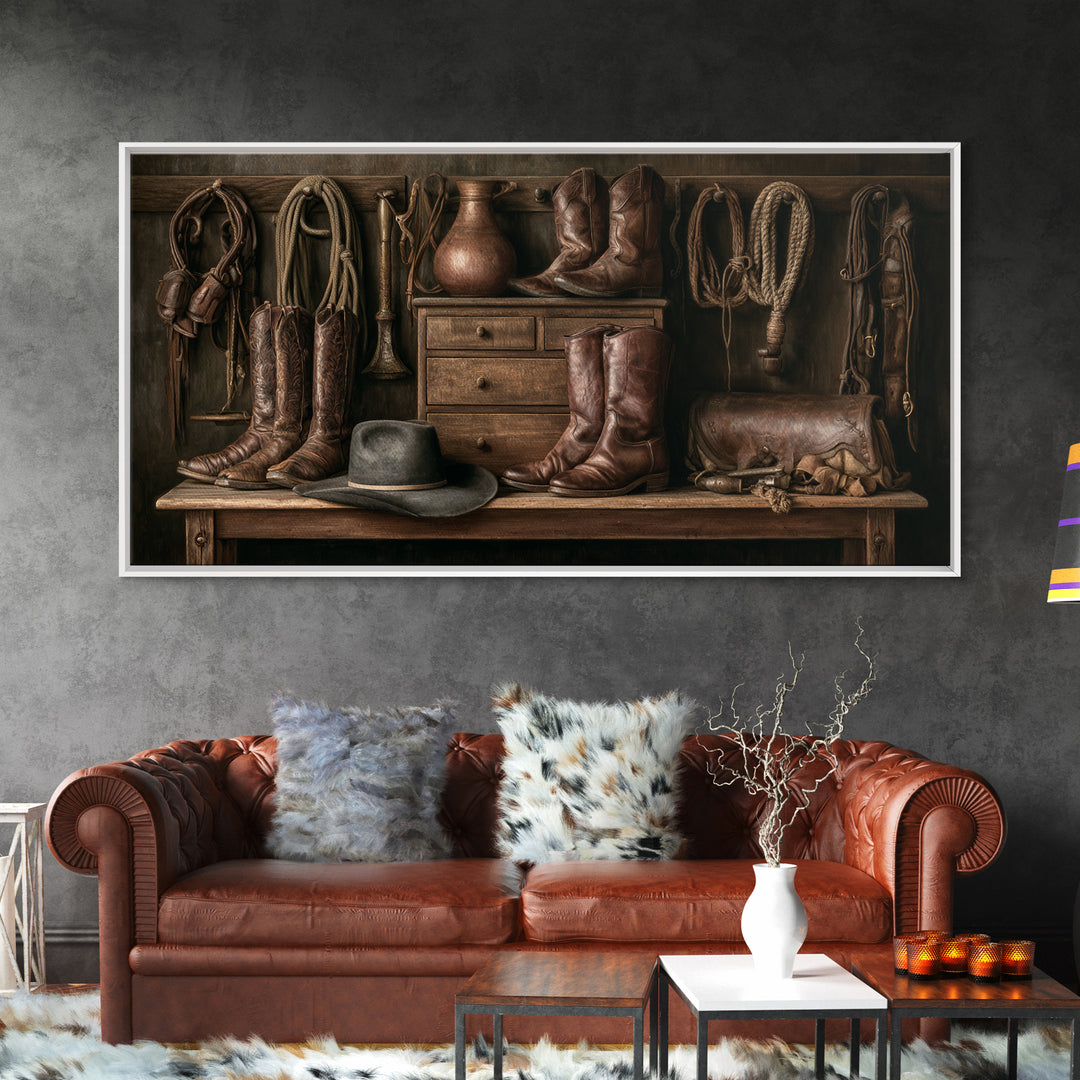 Stable Tools Arranged Like Old Master Still Framed Canvas Print, Equestrian Art, Retro Poster, Living Room Decor, Equestrian, EQU-2x1-67
