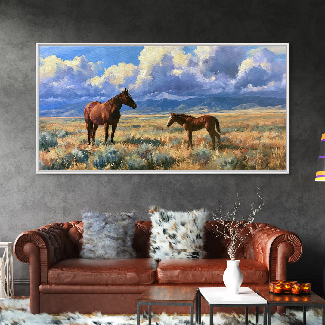 Horse and Foal Framed Canvas Print, Equestrian Art, Modern Wall Art, Living Room Decor, Oil Painting, Equestrian, Western Art, EQU-2x1-80