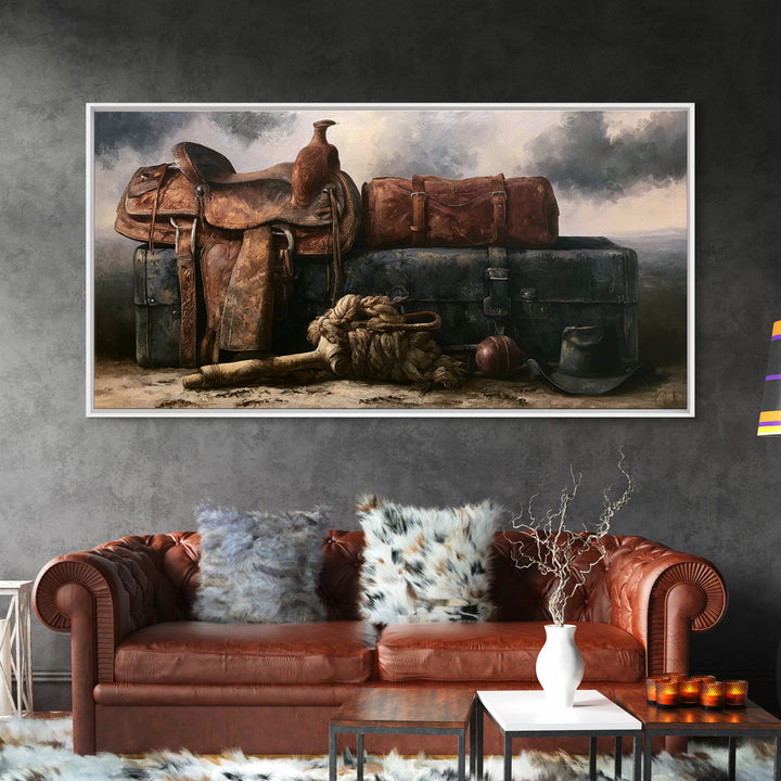Stable Tools Arranged Like Old Master Still Framed Canvas Print, Equestrian Art, Large Wall Art, Living Room Decor, Equestrian, EQU-2x1-91