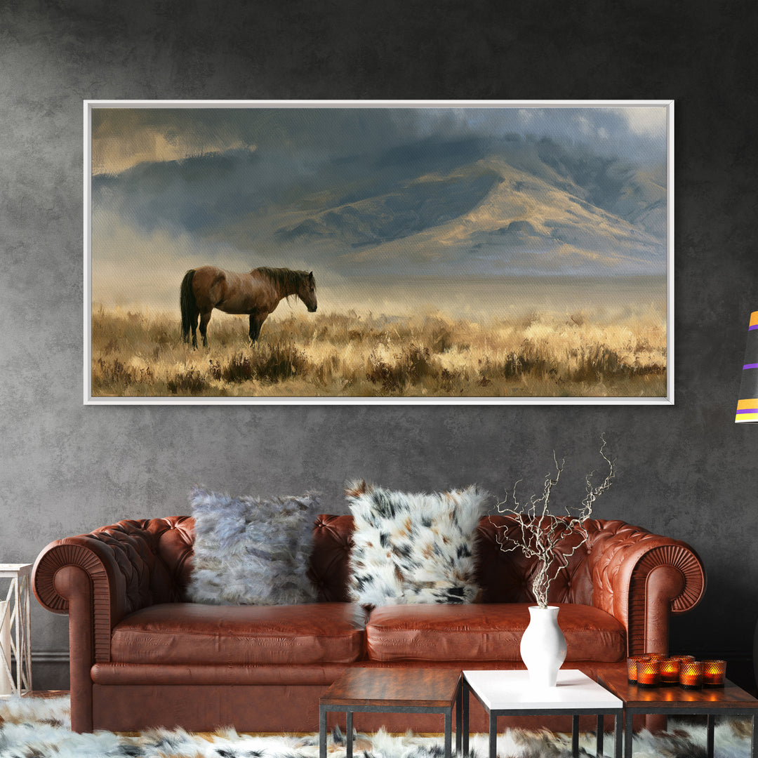 Horse in Misty Pasture with Peaceful Mood Canvas Print, Equestrian Art, Boho Wall Art, Living Room Decor, Equestrian, EQU-2x1-92