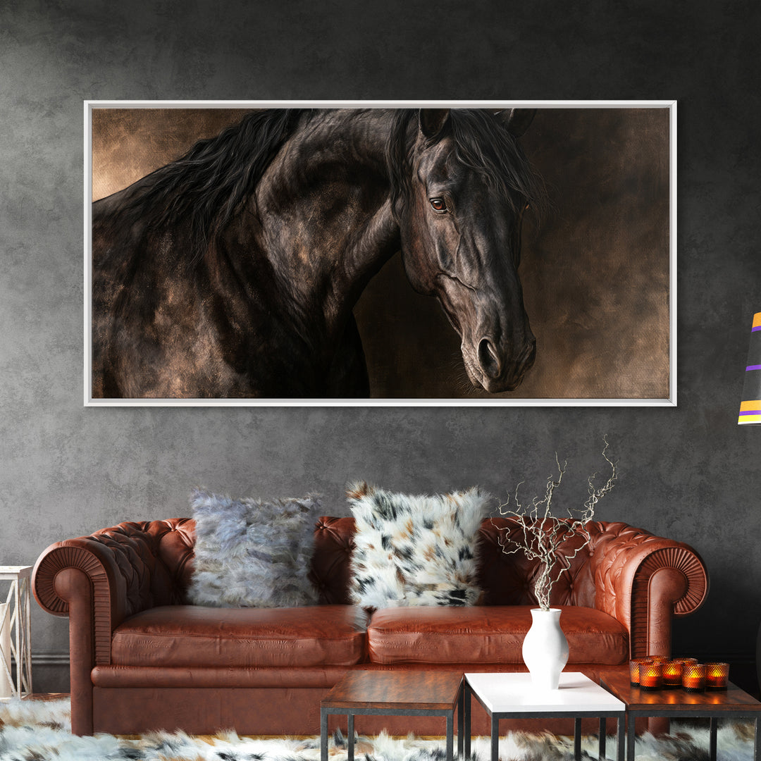 Black Horse Portrait on Deep Charcoal Background Canvas Print, Equestrian Art, Wall Decor, Living Room Decor, Equestrian, EQU-2x1-94