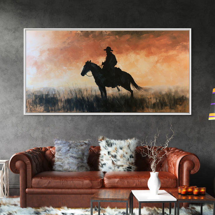 Equestrian Rider Silhouette at Sunrise Framed Canvas Print, Equestrian Art, Western Art, Living Room Decor, Equestrian, EQU-2x1-95