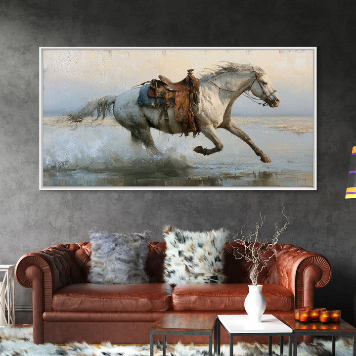 White Horse Running Through Shallow Water Framed Canvas Print, Equestrian Art, Living Room Decor, Fine Art, Equestrian, EQU-2x1-97