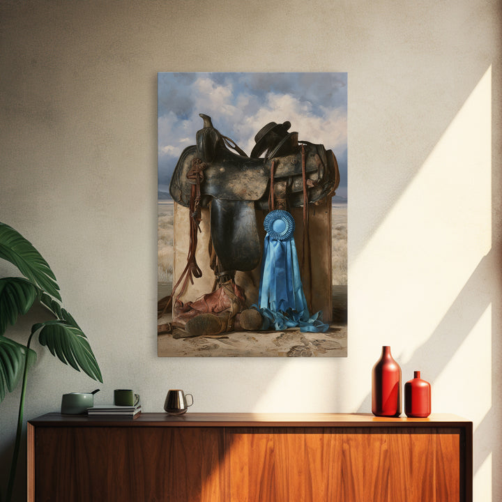 Blue Ribbon and Saddle Competition Still Life Framed Canvas Print, Equestrian Art, Wall Art, Living Room Decor, Equestrian, EQU-2x3-1