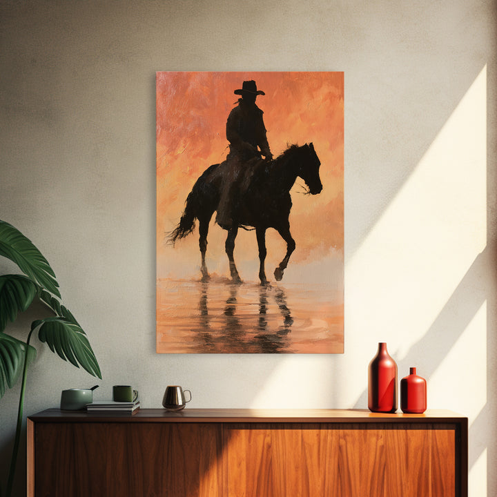 Equestrian Rider Silhouette at Sunrise Canvas Print, Equestrian Art, Antique Oil Painting, Living Room Decor, Abstract Art, EQU-2x3-11