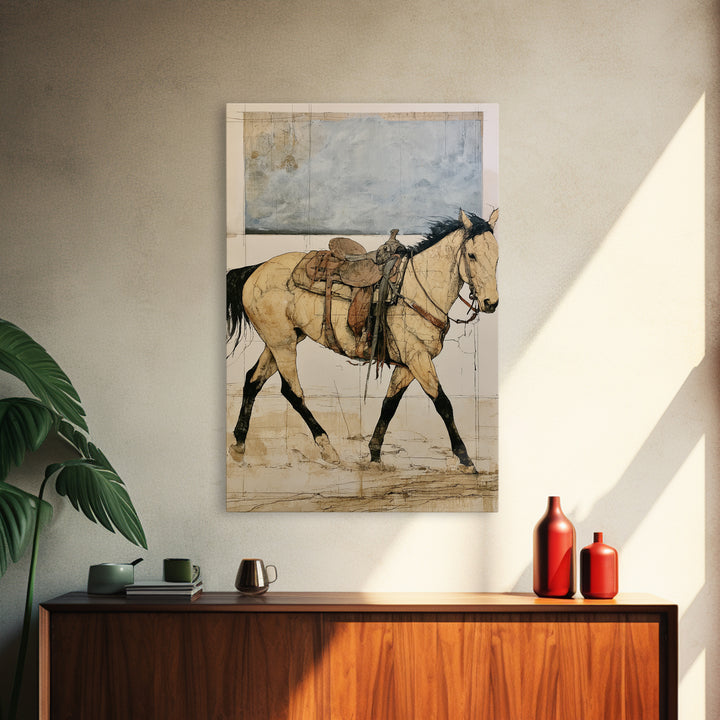 Minimal Horse Contour Drawing on Cream Paper Canvas Print, Equestrian Art, Oil Painting, Living Room Decor, Equestrian, EQU-2x3-45